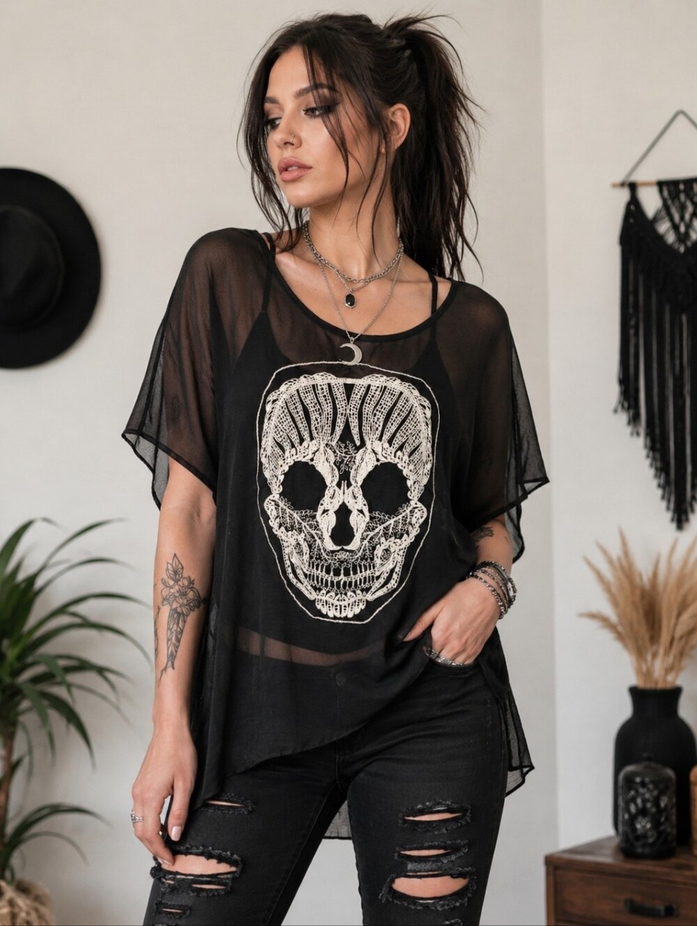 Black Sheer Skull Top Crochet Lace Goth Boho Oversized Blouse L